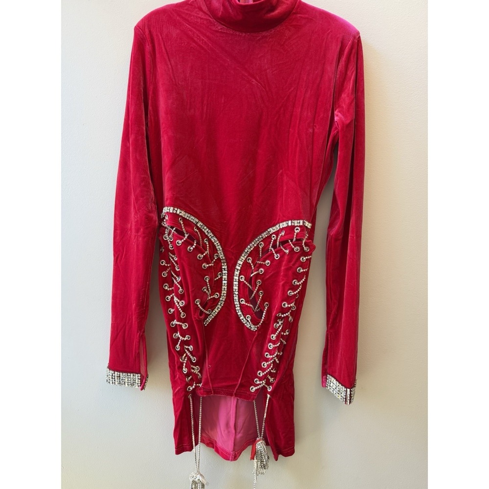 Cande Shop Red Fuchsia Velvet Rhinestone Lace Up Butterfly Mini Dress Sexy L